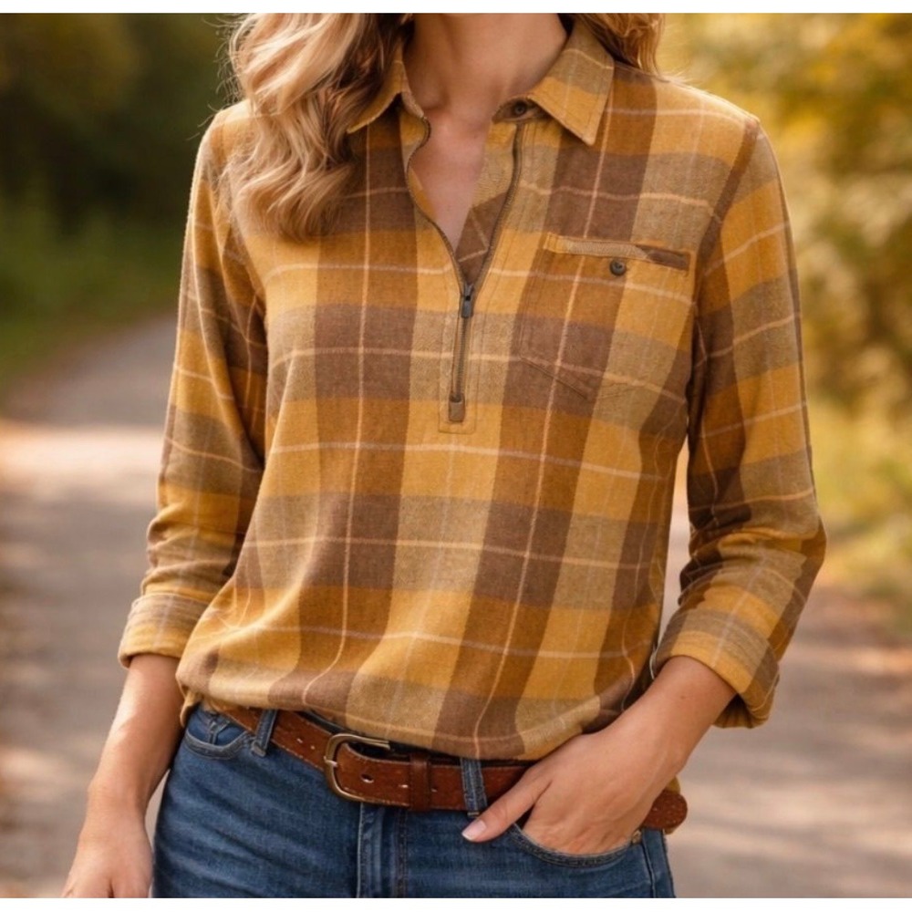 Toad&Co Mustard and Brown Plaid Button-Down Shirt